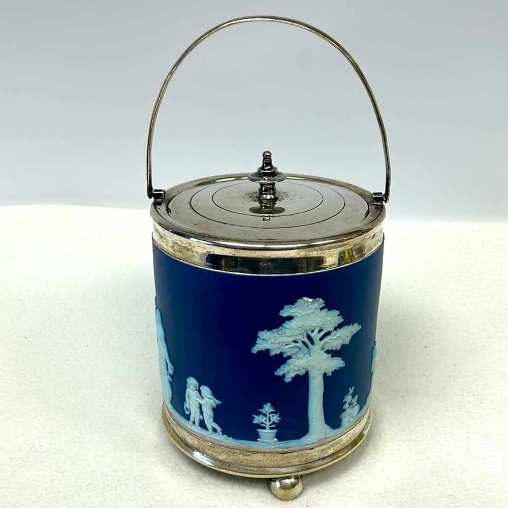 Antique cobalt blue and white JASPER-WARE ETRUSCAN biscuit barrel